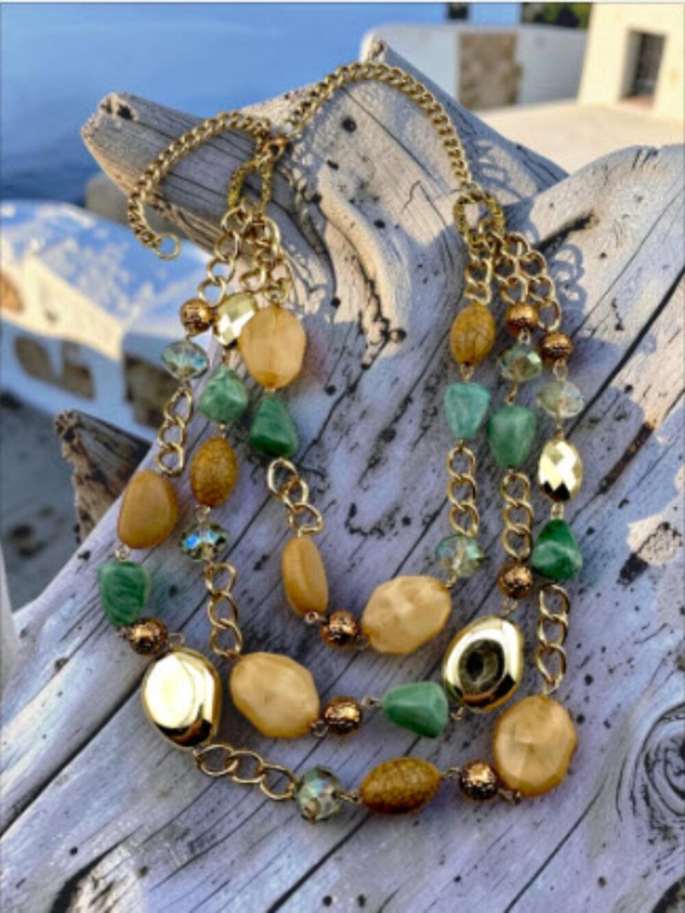 Vintage Layered Beaded Necklace Gold Tone Blue Green Cream Boho Resort Statement